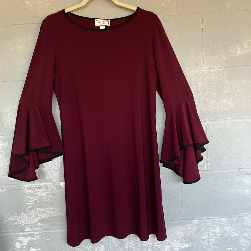 3/4 Flutter Sleeve Wine/Burgundy Shift Dress Velvet Trim